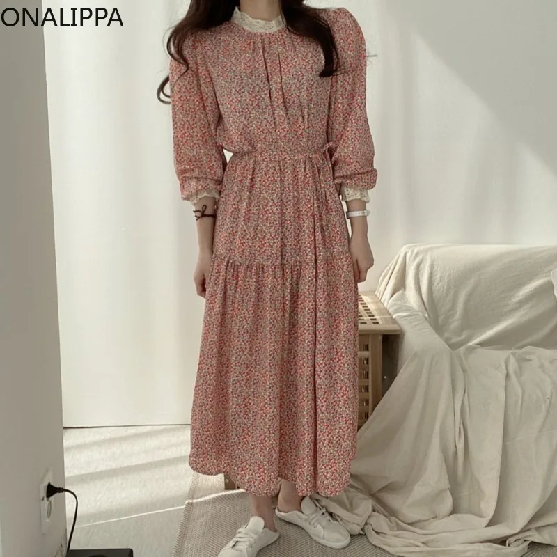 Дантелено рокля-часова рецепция с яка издържа от Onalippa, за Разлика рокля с цветен Модел, Дантелени яка, Дълги ръкави, Сладък Рокли в корейски стил, Vestidos Трапецовидна форма, с висока талия . ' - ' . 0