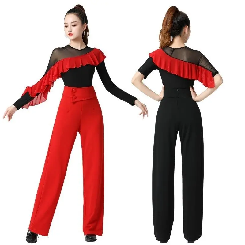 Нов стил, блуза за латино танци, модерен танцов костюм, окото на прежди, Елегантни къдрави ръкави, са червени ръкави средна дължина . ' - ' . 5