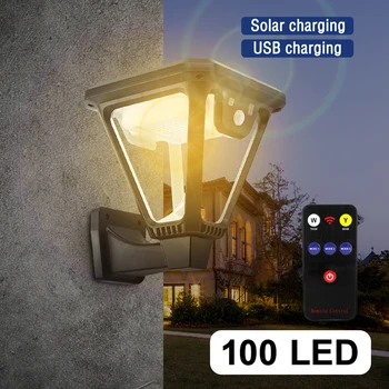 100 LED Слънчев фенер Външни Слънчеви стенни лампи 2 Цвят с ъгъл на осветяване 360 ° Слънчев сензор Moiton LawnLights с USB Зареждане