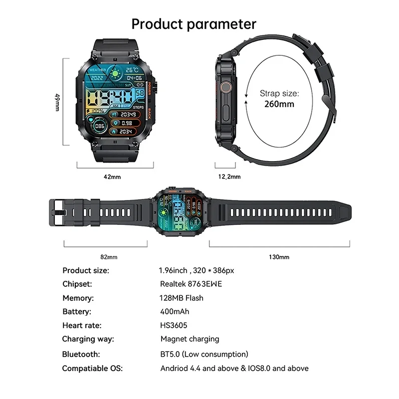 Умен часовник K57 Pro за мъже, Bluetooth-предизвикателство, спорт на открито, батерията е 400 mah, 1,96-инчов IPS екран, сърдечната честота, кръвното налягане, умни часовници . ' - ' . 5