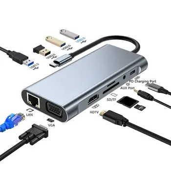11-в-1 USB hub Type-c 3.0, многопортовая докинг станция за лаптоп Type C до 4K, HDMI, VGA PD RJ-45, 100-метров gigabit мрежов адаптер