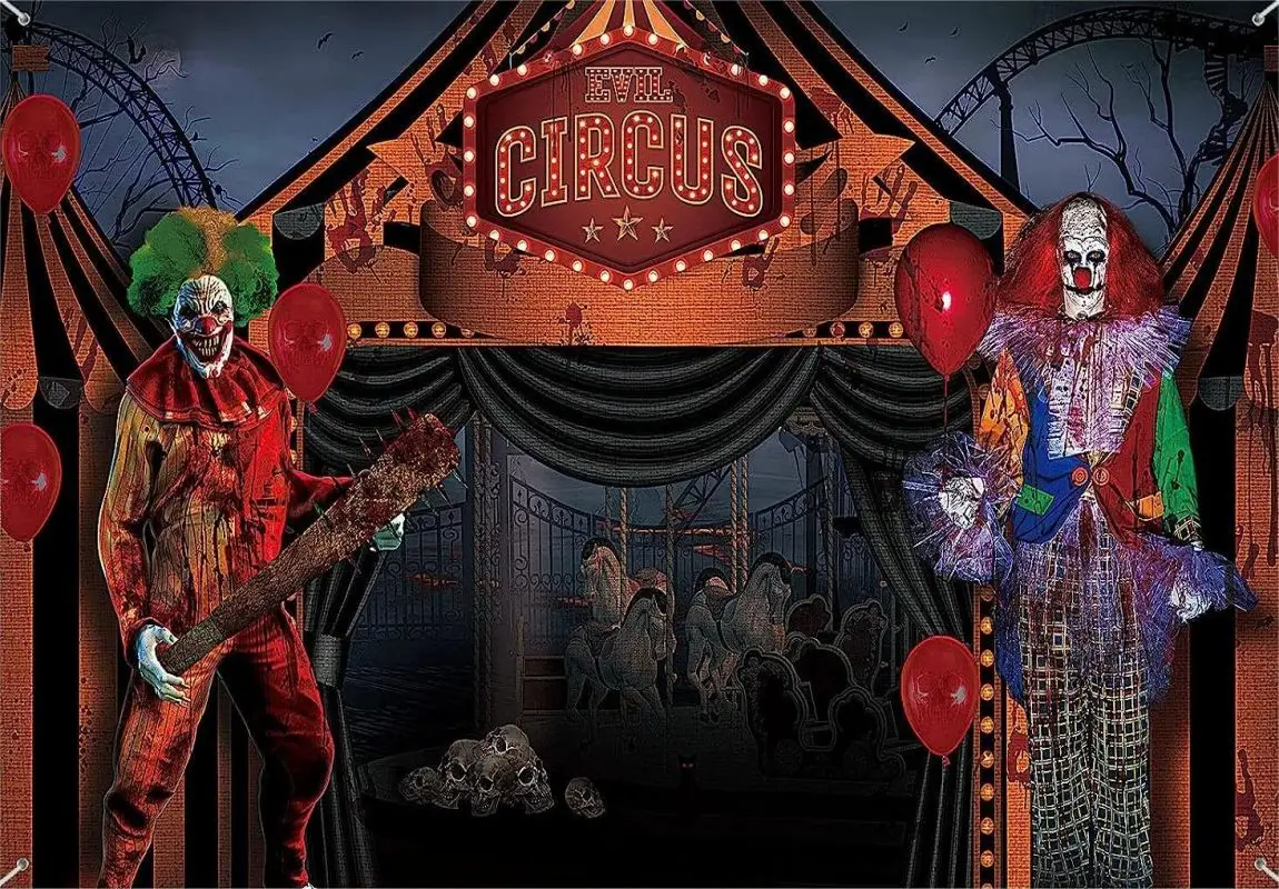 На фона на Цирка на Хелоуин, Зъл клоун, страшен череп, Фон за снимки, банери, декорация на партита, Банер, Стоки за парти в чест на рождения Ден . ' - ' . 1