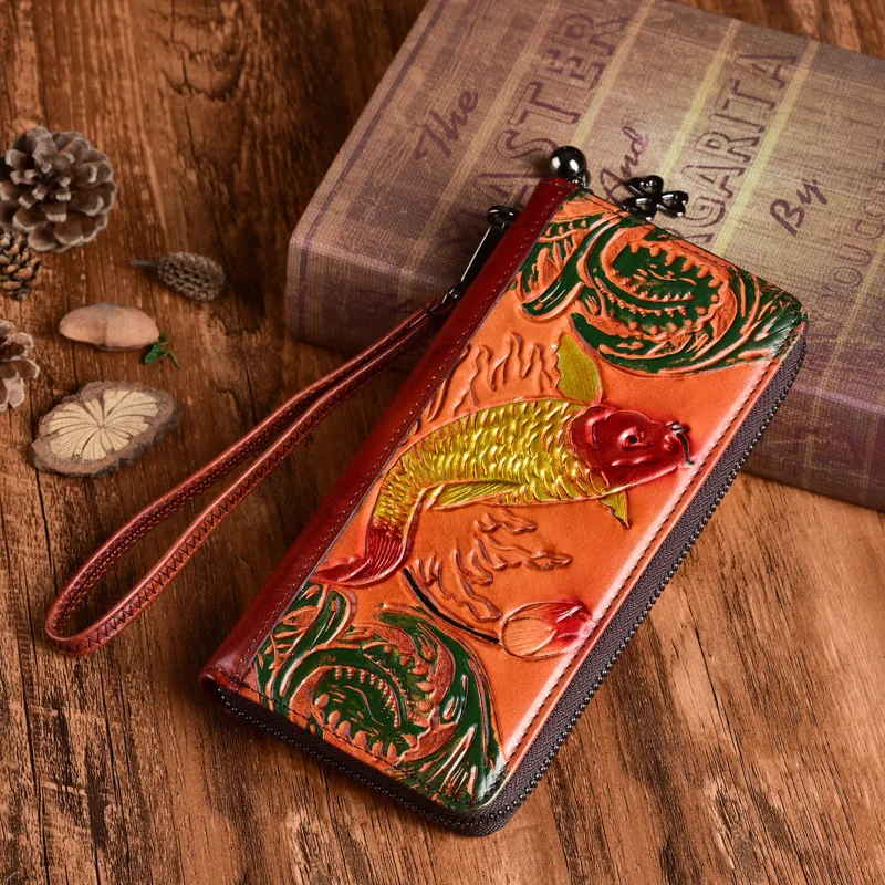 Дамски дълги портмоне ръчна изработка от естествена кожа за кредитни карти, клатч, дамски чанти от естествена кожа, Голям портфейл за мобилен телефон . ' - ' . 3
