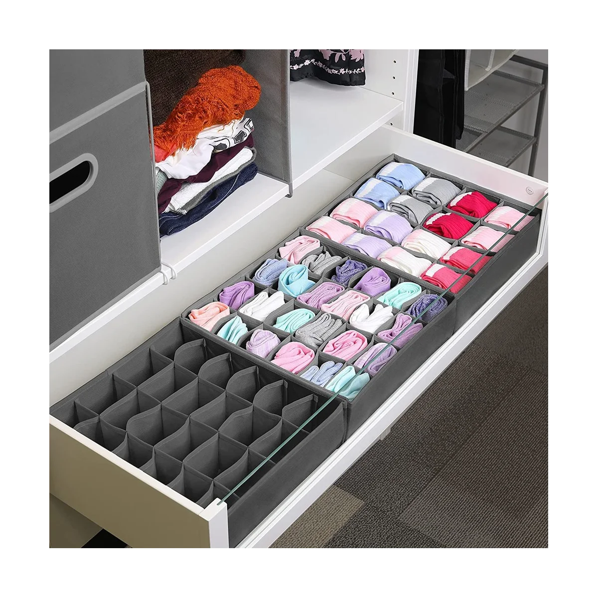 Кутии за съхранение на чорапи и малки аксесоари, 24 клетка, Сгъваеми кутии, Система за поръчки на шкафове и чекмеджета за съхранение на чорапи . ' - ' . 4