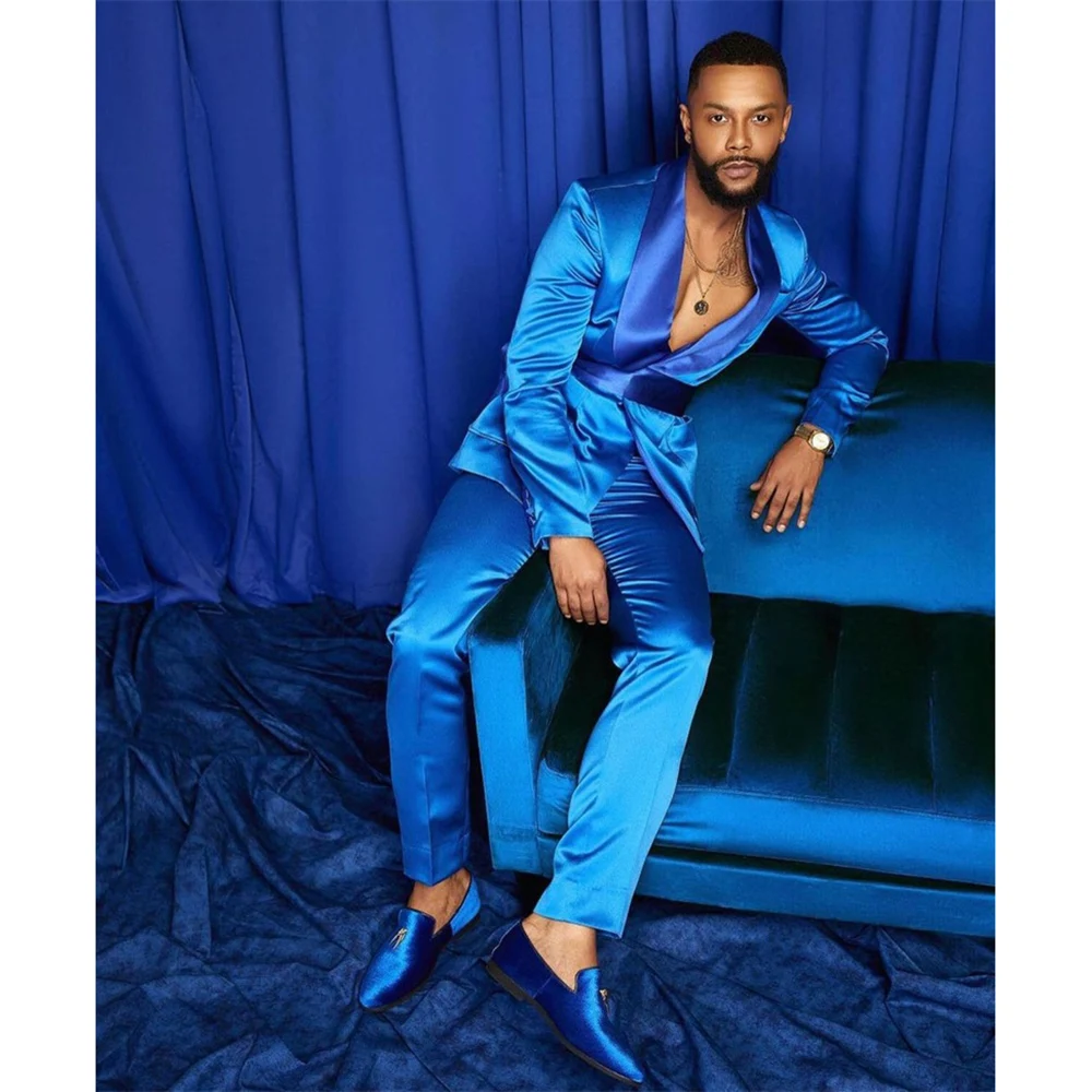 Мъжки костюми, Луксозни Булчински Сатен, синьо Сако с ревера на обичайните шалове, Панталони, комплект от две части за почивка, Елегантен мъжки костюм 2023 . ' - ' . 0