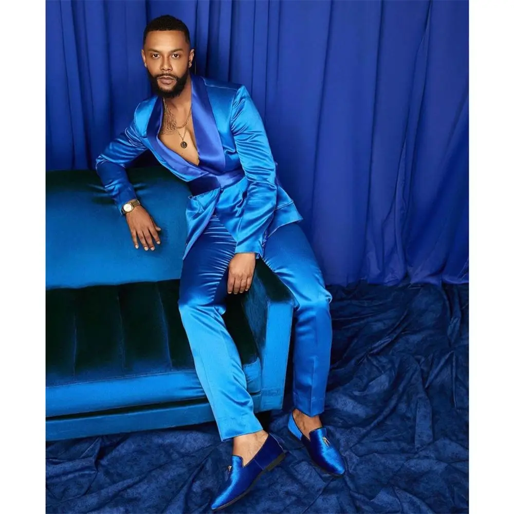 Мъжки костюми, Луксозни Булчински Сатен, синьо Сако с ревера на обичайните шалове, Панталони, комплект от две части за почивка, Елегантен мъжки костюм 2023 . ' - ' . 2