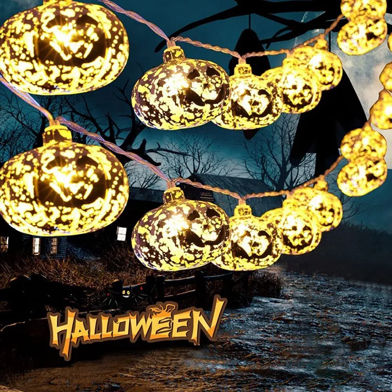 Светлини за Хелоуин, 20 led гирлянди под формата на тиква 9,8 фута, декор за Хелоуин, 2 режима на постоянно и трептящи осветление, Хелоуин . ' - ' . 2