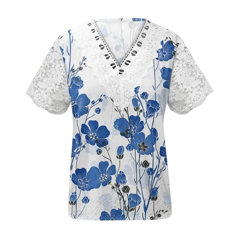 Женска тениска с V-образно деколте, вязаная на една кука, лейси ред, къс ръкав, тънки летни ежедневни блузи с флорални принтом, тениски, потници, дамски дрехи . ' - ' . 4