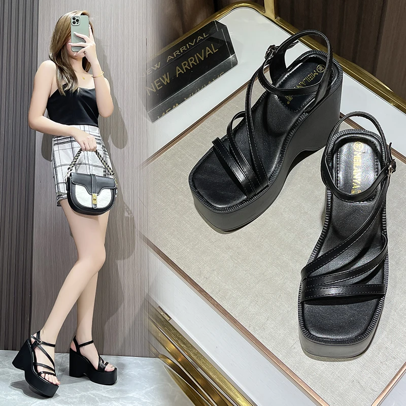 Летни дамски сандали в Римски стил 12 см, лента с катарама, танкетка, на висок ток, платформа 4,5 cm, Модни дамски сандали, обувки . ' - ' . 1