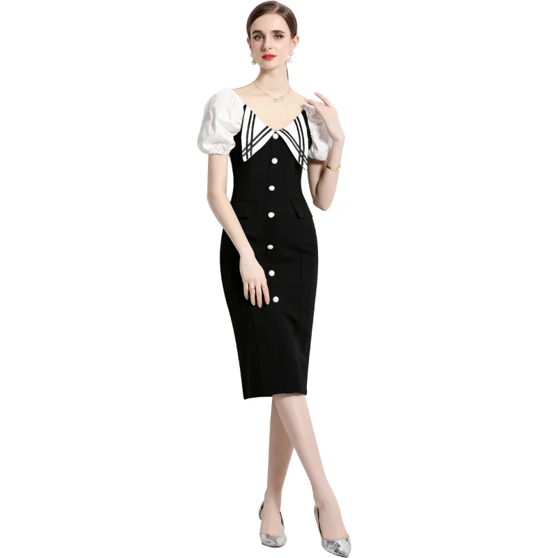 2023, Лятно корейска рокля Хепбърн, Винтажное в Елегантна Черно-бяла мозайка женствена рокля-молив с миризмата в стил мозайка за работа в офис . ' - ' . 0