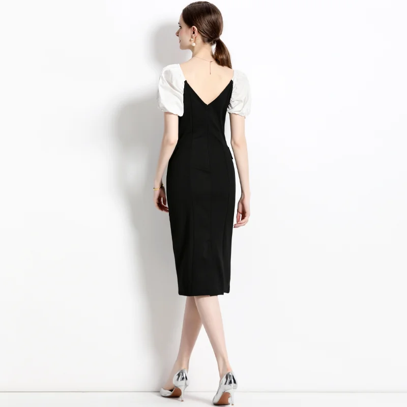 2023, Лятно корейска рокля Хепбърн, Винтажное в Елегантна Черно-бяла мозайка женствена рокля-молив с миризмата в стил мозайка за работа в офис . ' - ' . 3
