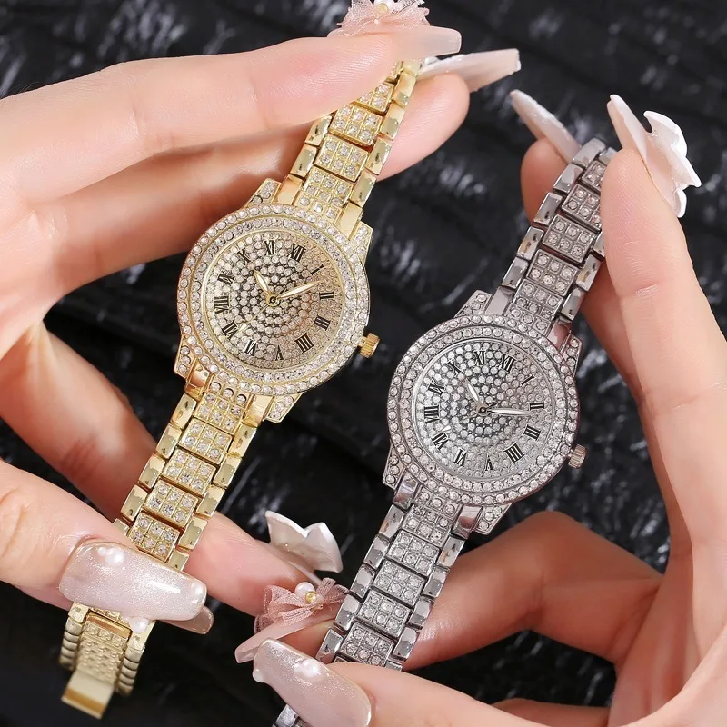 Луксозни дамски часовник с пълна диамантен пръстен, Елегантни маркови кварцов часовник с метална гривната, Дамски Моден часовник с кристали, цирконий . ' - ' . 0