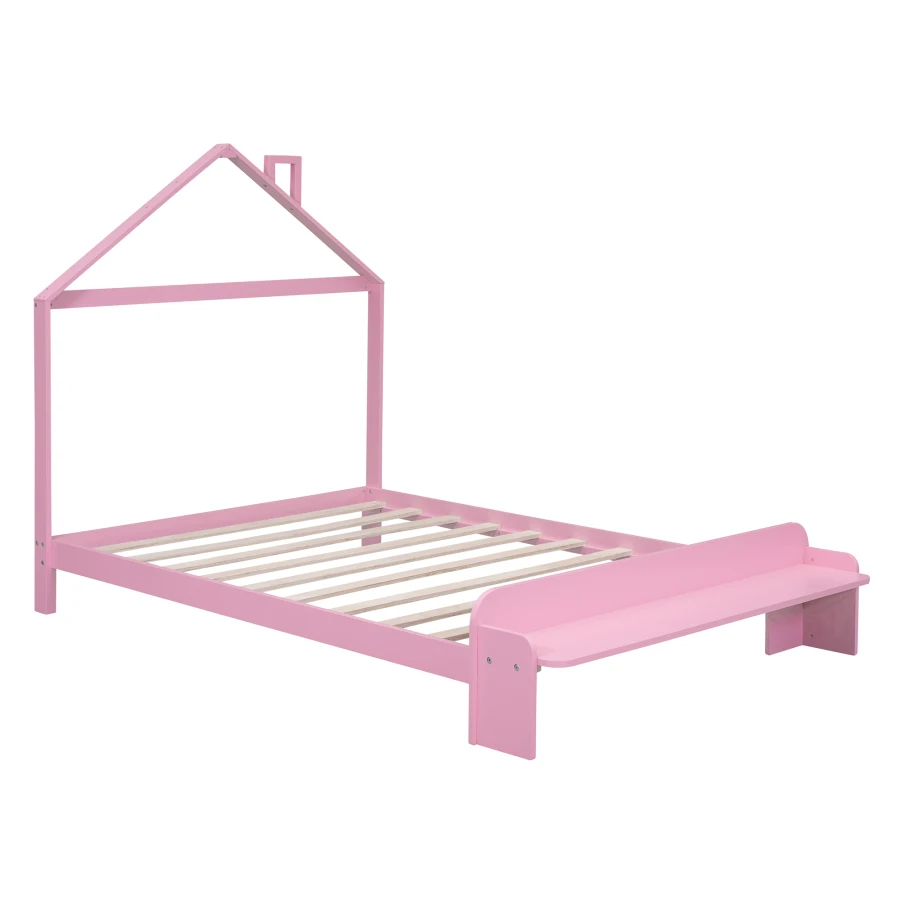 Легло в формата на къща, в пълен размер на дървено легло-платформа с таблата във формата на къщички и пейка за крака, удобна за детска спалня . ' - ' . 2