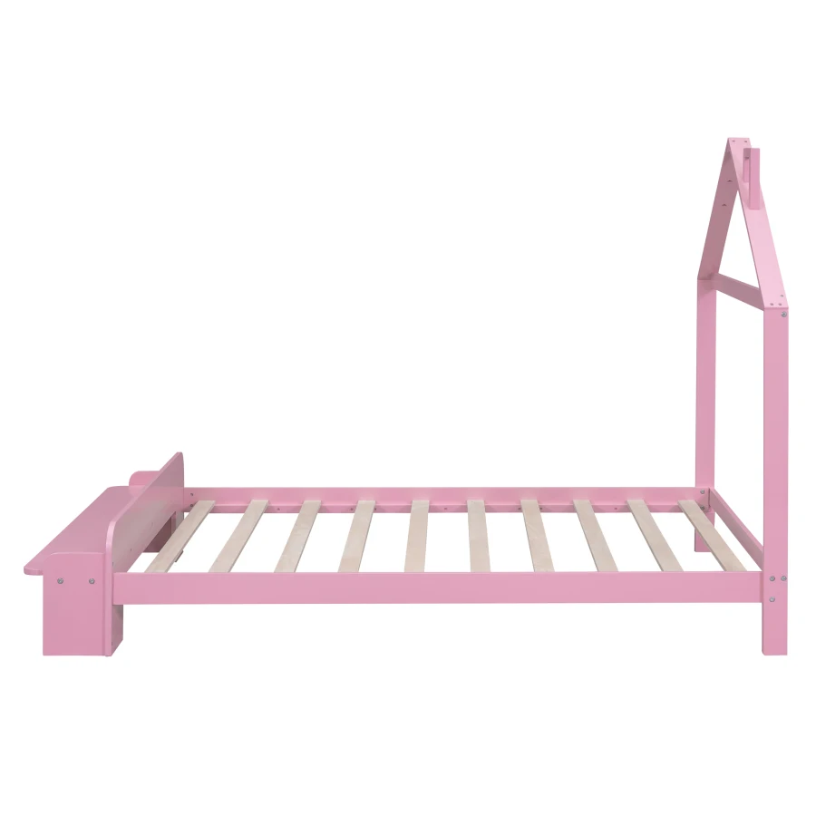Легло в формата на къща, в пълен размер на дървено легло-платформа с таблата във формата на къщички и пейка за крака, удобна за детска спалня . ' - ' . 3