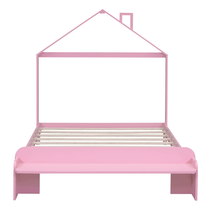 Легло в формата на къща, в пълен размер на дървено легло-платформа с таблата във формата на къщички и пейка за крака, удобна за детска спалня . ' - ' . 4