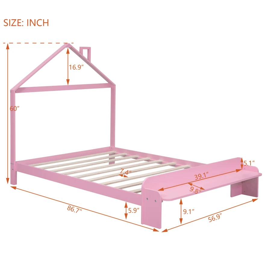 Легло в формата на къща, в пълен размер на дървено легло-платформа с таблата във формата на къщички и пейка за крака, удобна за детска спалня . ' - ' . 5