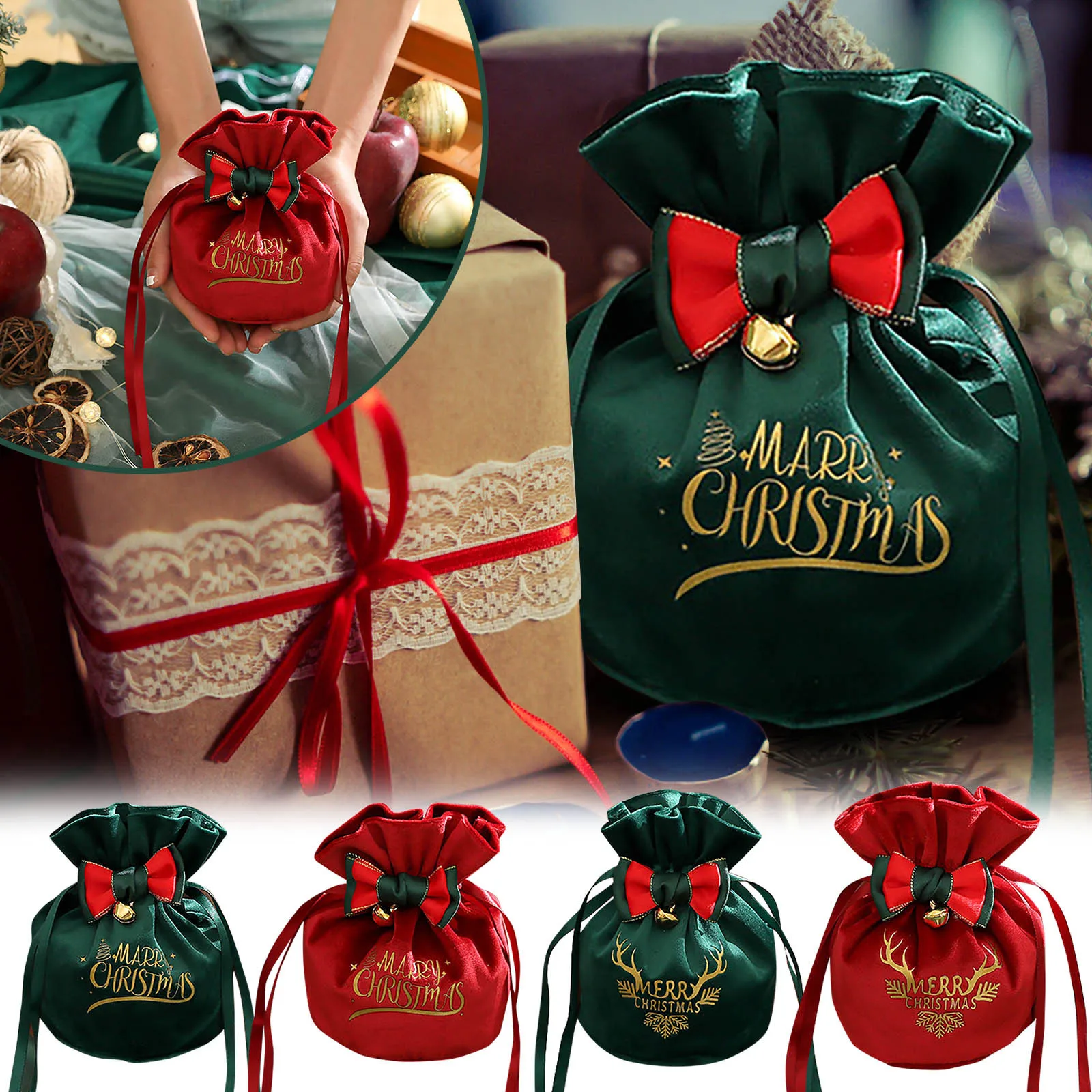 Коледна торбичка за бонбони с Елен, с Кадифени торбички Дядо Коледа, Чанта за съвсем малък, Коледна Декорация, Детски подарък, Подарък за Парти, Подарък за Нова Година 2024 . ' - ' . 1