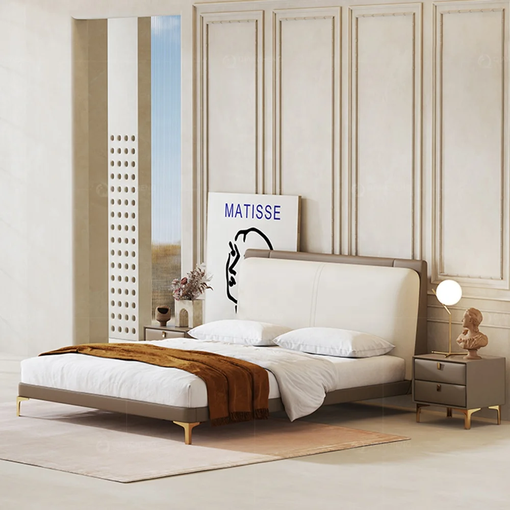 луксозен спален комплект от естествена кожа с таблата, спалня с бяло кожено легло с високо таблата . ' - ' . 0
