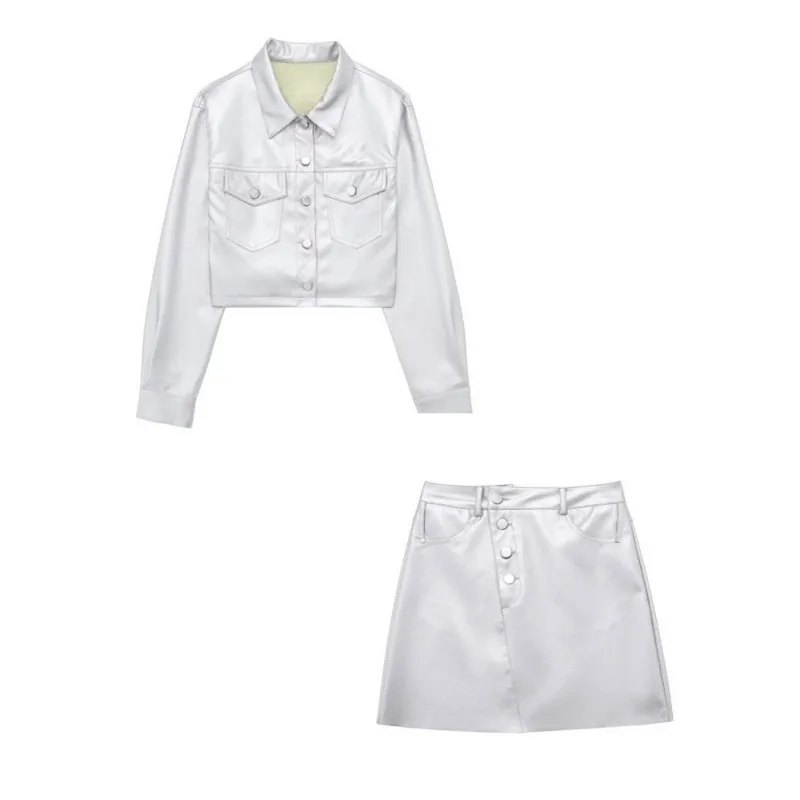 Жена Модерен Сребрист Кожен кратък сако от костюм 2023, Пролетен комплект мини-поли с Асимметрией за магазините за момичета, Готини комплекти Прагове от изкуствена кожа . ' - ' . 0