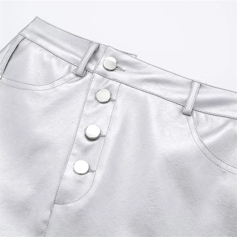 Жена Модерен Сребрист Кожен кратък сако от костюм 2023, Пролетен комплект мини-поли с Асимметрией за магазините за момичета, Готини комплекти Прагове от изкуствена кожа . ' - ' . 5