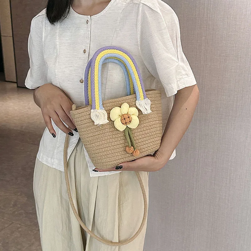 Дизайнерска декорация от Дъгова Памучен чанта от плетени въжета, Дамски чанти, малки чанти, Дамски лятна плажна чанта, чанти, Ежедневни чанти през рамо . ' - ' . 0