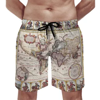 1652 Карта на света Плажни Шорти Карта на света Ретро Плажни Шорти за Мъже На Поръчка За Джогинг бързо съхнещи Плажни Топене Идея за Подарък