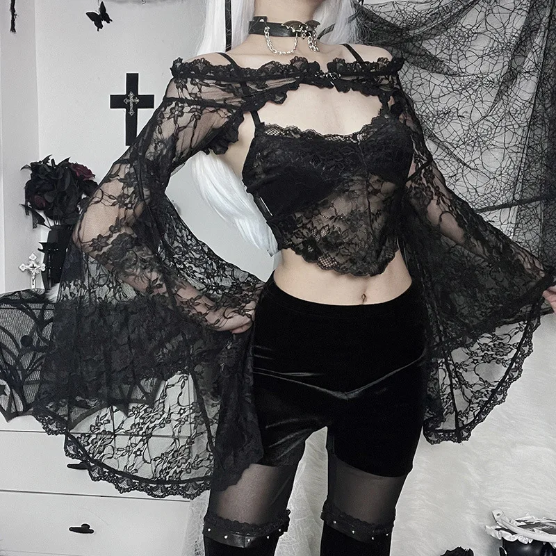 Тъмната готическа темпераментен секси блуза, дамски лейси прозрачна блуза с дълъг ръкав, жилетка . ' - ' . 2