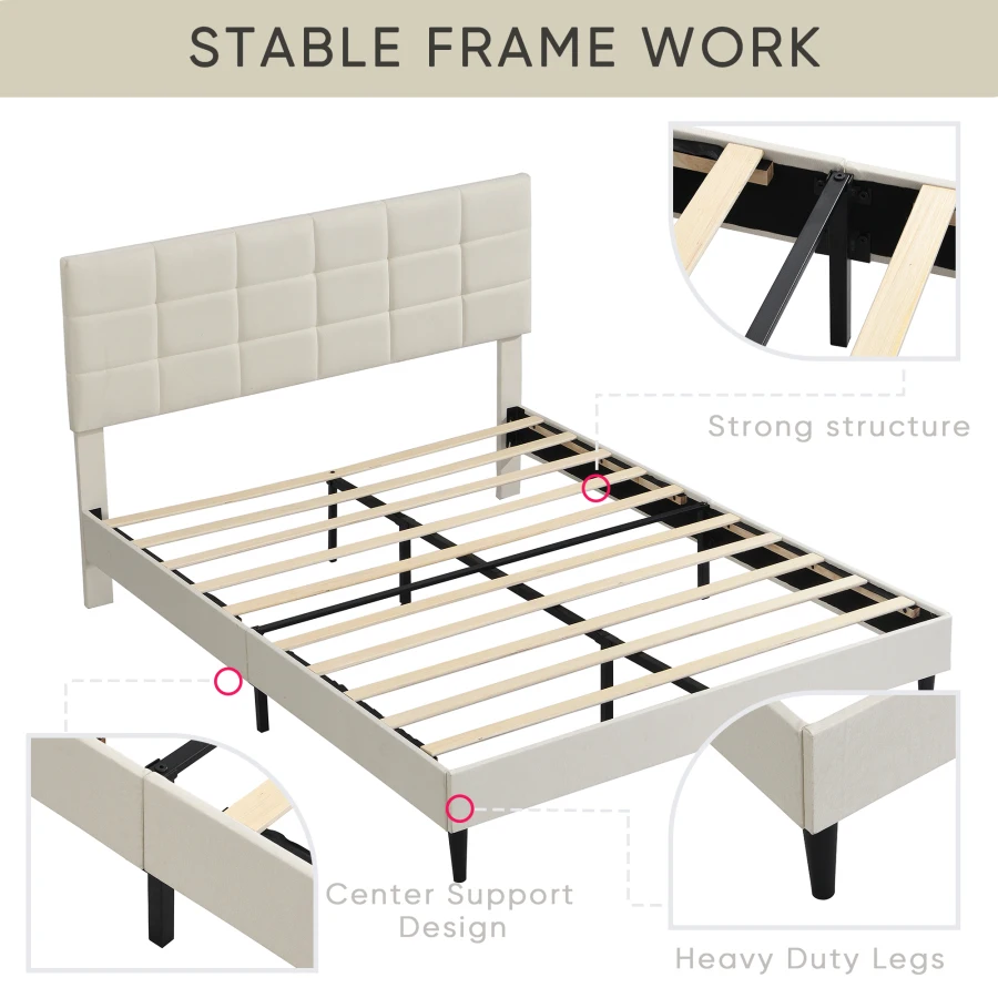 Пълен размер на рамка на легло-платформа с таблата, обитым кърпа и дървена пръчка, пружинен блок не се изисква / Лесен монтаж, бежов . ' - ' . 4