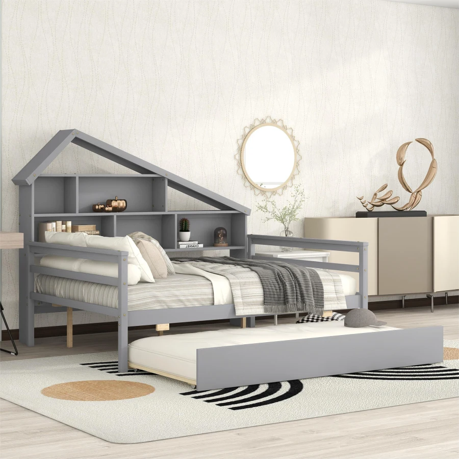 Пълен размер легло на платформата, Здрава пълен размер легло с чекмедже и 5 рафтове за съхранение, модерно легло във формата на къща, за всяка спалня . ' - ' . 2