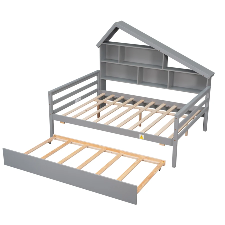 Пълен размер легло на платформата, Здрава пълен размер легло с чекмедже и 5 рафтове за съхранение, модерно легло във формата на къща, за всяка спалня . ' - ' . 3