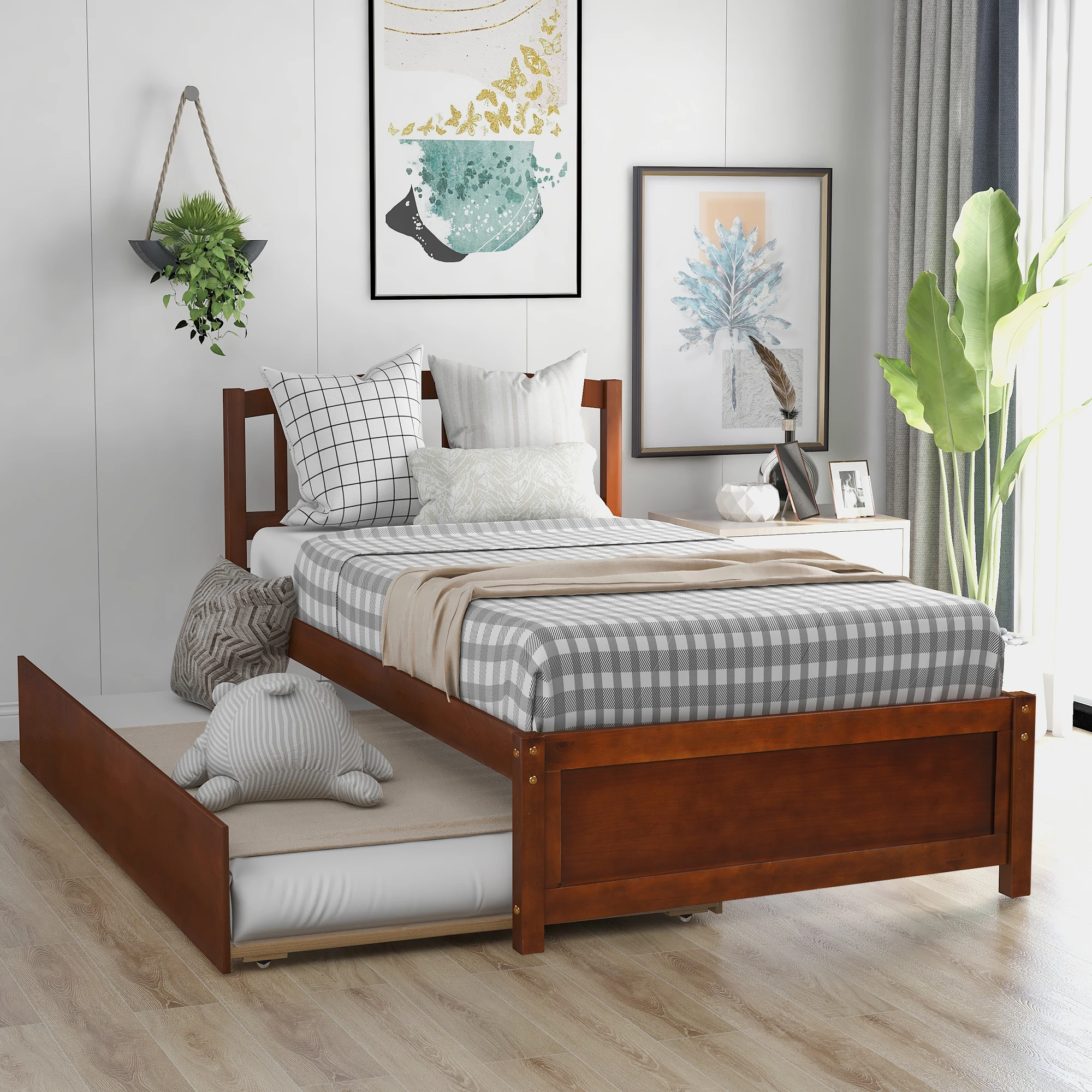Легло-платформа двоен размер, дървена рамка на легло с багажником, орех Лесно за монтаж за мебели за спалня на закрито . ' - ' . 0