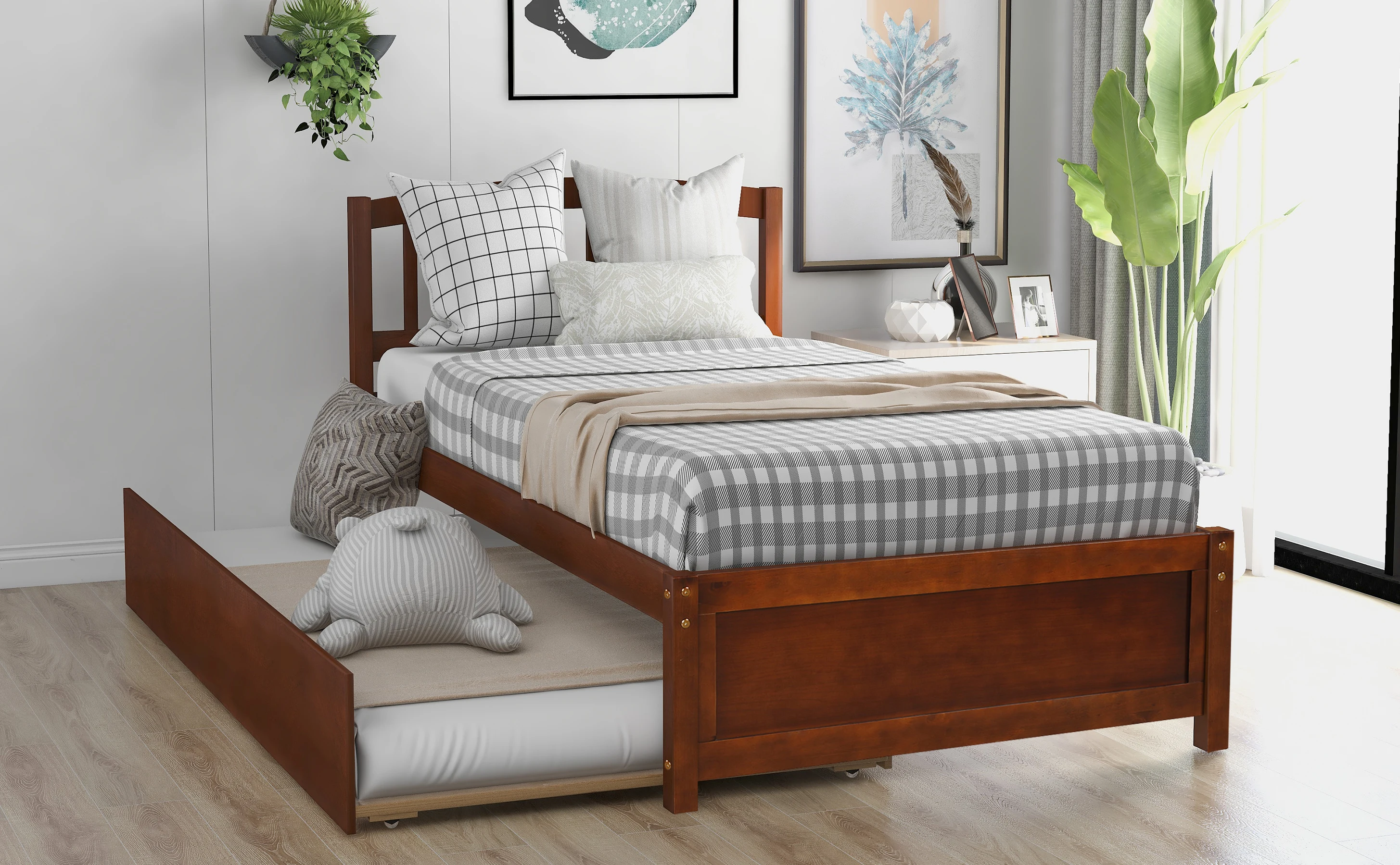 Легло-платформа двоен размер, дървена рамка на легло с багажником, орех Лесно за монтаж за мебели за спалня на закрито . ' - ' . 2