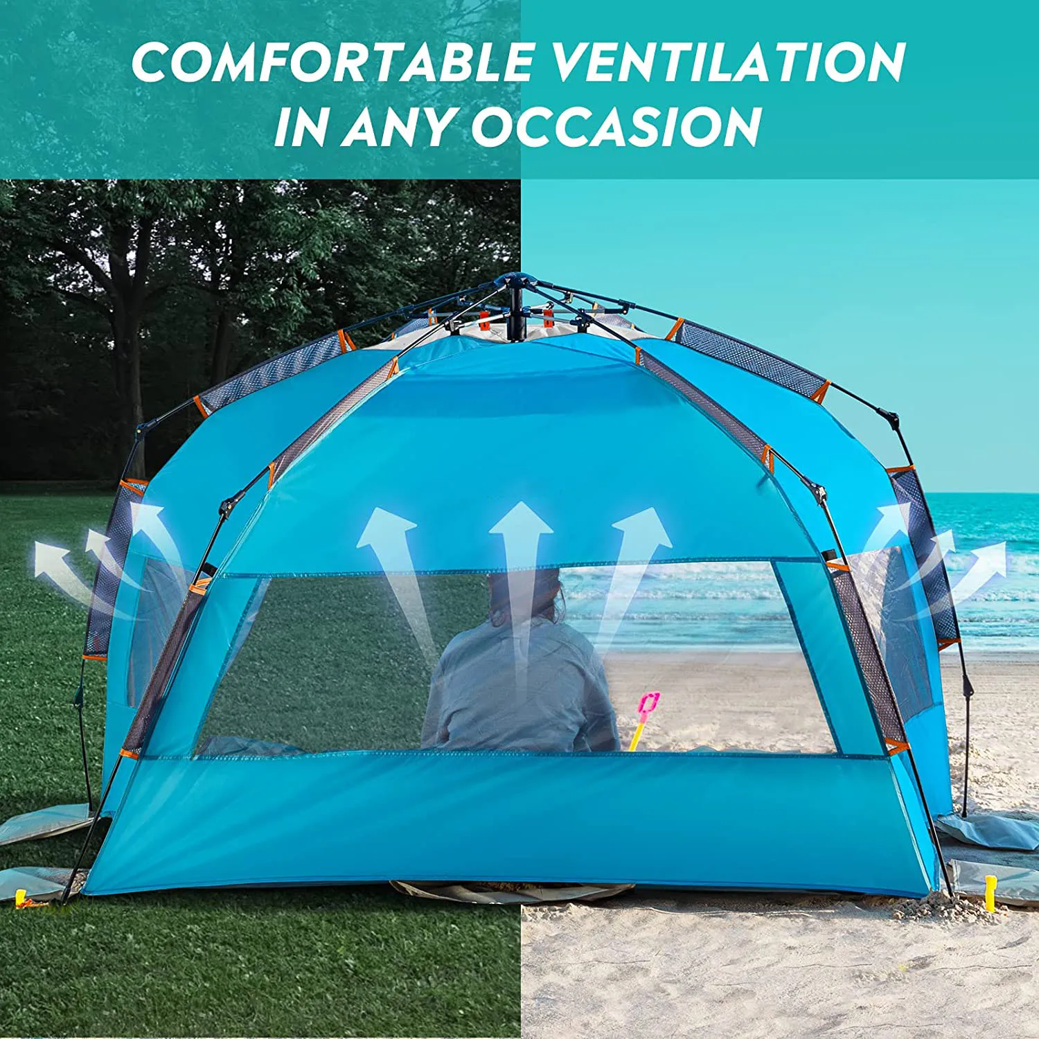 X-Large 4-местна плажна палатка Sun Shelter - Преносим Солнцезащитная палатка Незабавни действия за плаж с чанта за носене, сопи, 6 джобове за пясък, . ' - ' . 3