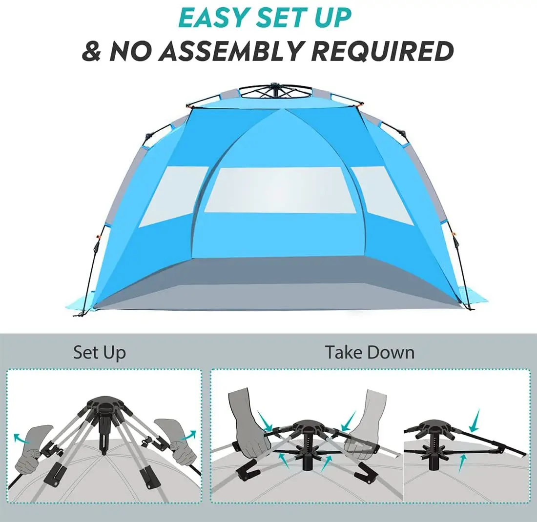 X-Large 4-местна плажна палатка Sun Shelter - Преносим Солнцезащитная палатка Незабавни действия за плаж с чанта за носене, сопи, 6 джобове за пясък, . ' - ' . 4