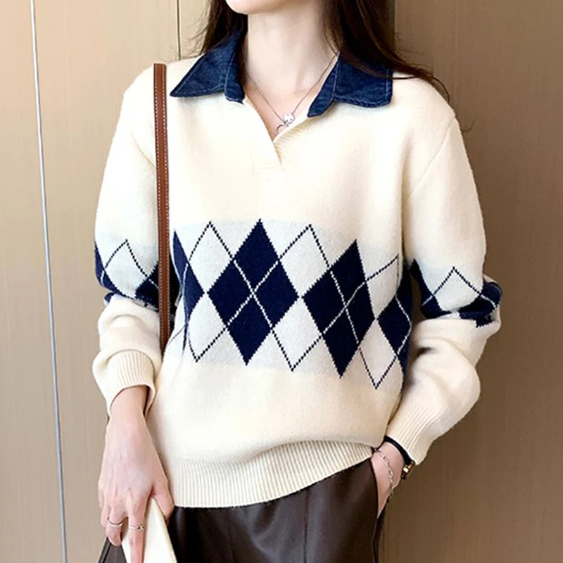 Кариран пуловер, пуловер, Женски лоскутный пуловер с дълъг ръкав, Свободна корейската мода, есен-зима, отложной яка, дебела вязаный топ . ' - ' . 0