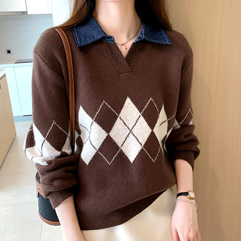 Кариран пуловер, пуловер, Женски лоскутный пуловер с дълъг ръкав, Свободна корейската мода, есен-зима, отложной яка, дебела вязаный топ . ' - ' . 1