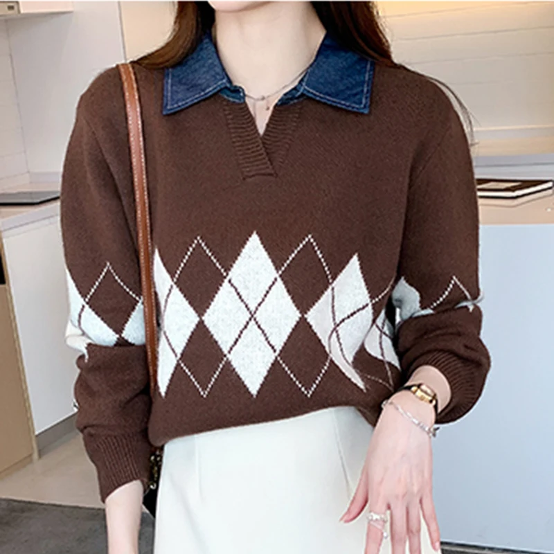 Кариран пуловер, пуловер, Женски лоскутный пуловер с дълъг ръкав, Свободна корейската мода, есен-зима, отложной яка, дебела вязаный топ . ' - ' . 2