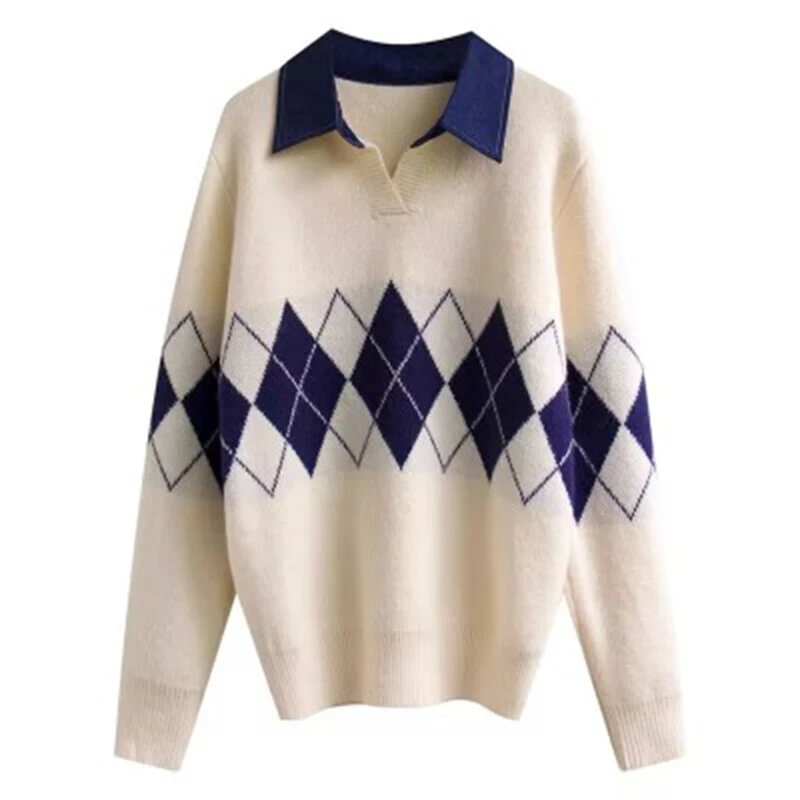 Кариран пуловер, пуловер, Женски лоскутный пуловер с дълъг ръкав, Свободна корейската мода, есен-зима, отложной яка, дебела вязаный топ . ' - ' . 4