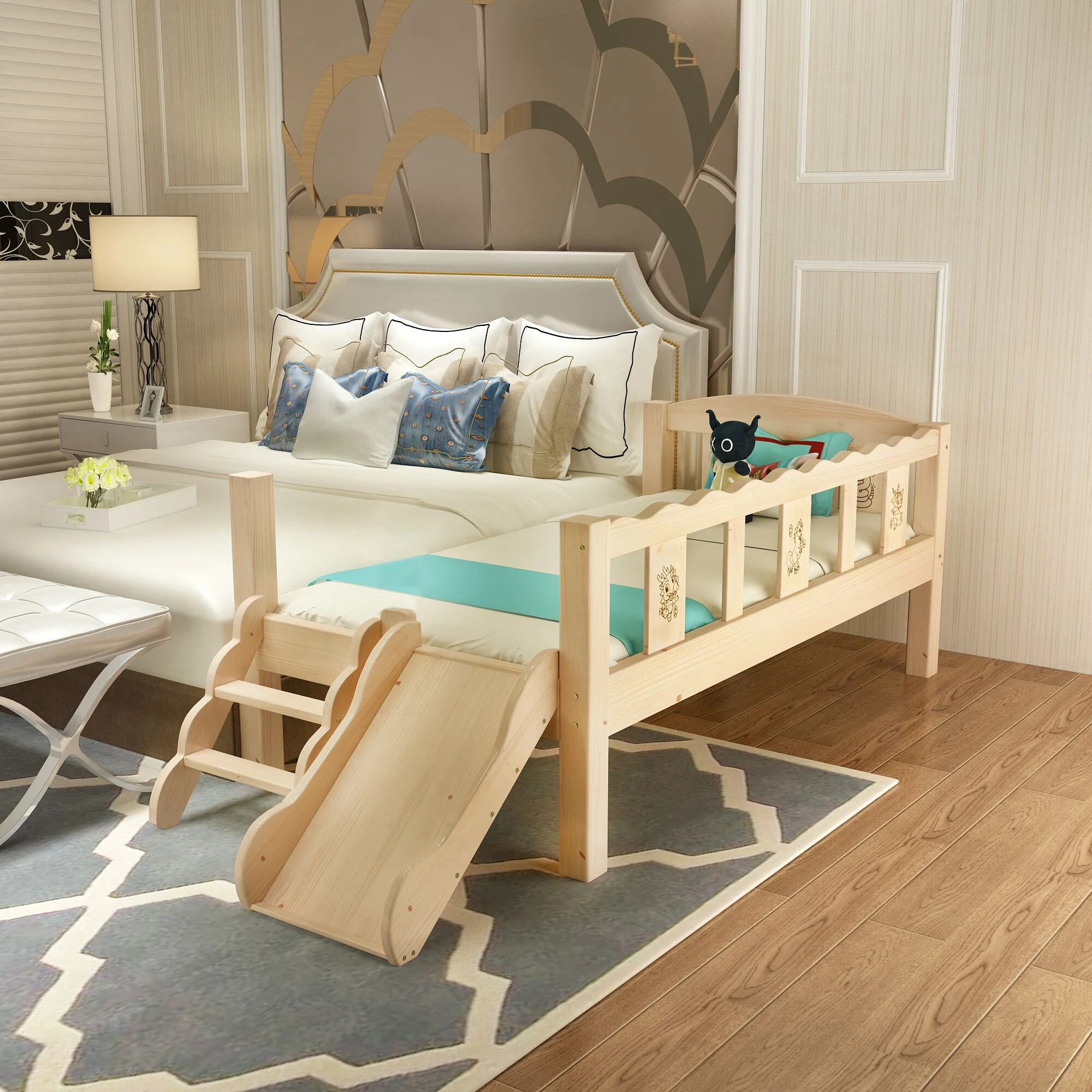 Мебели за спалня бебешко легло от масивно дърво с парапет, за момчета и момичета, свързваща легла, борова бебешко легло, бебешко кошче (безплатно), разтегателна стълба, bu . ' - ' . 0