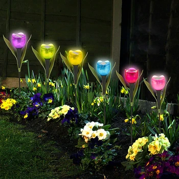 1бр Градински лалета във формата на цвете, led лампа със слънчева енергия, водоустойчив тръби, градински фенери, застанал декорация за двора парти на открито
