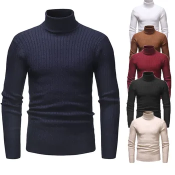 2019 висок Клас Топъл пуловер с висока воротом, Мъжки Модни обикновена възли Мъжки Пуловери, Всекидневни тънък Пуловер, Мъжки блузи с двойна яка