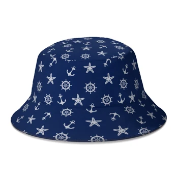 2022 Нови летни тъмно синьо Широкополые шапки с шарките на морски котви за жени, мъже, Плажна Сгъваема Рибарска шапка-панама