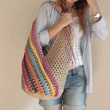 2023 Годишна Жена от Ракита чанта през рамо, Ежедневни Цветни Райета Слама Куха Голяма чанта-тоут, Плажна чанта ръчна изработка, Големи Балийски Ръчно изработени чанти