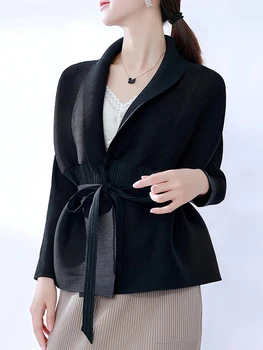 2023, Есен ново дамско палто с Високо качество от ревера, дълъг ръкав, монофонични жилетка на съвсем малък, женски яке с колан 4A5O