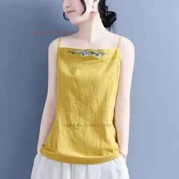 2023 китайски ретро камизола, върховете на спагети презрамки, национални памук, ленени блузи без ръкави, с бродерия на цветя, отглеждани върховете