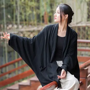 2023 нов летен есенен женски супериорна памук и лен, реколта блуза hanfu в стил кимоно, женски свободен топ, жилетка, палто