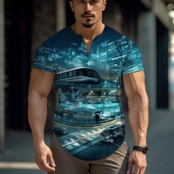 2023 Нова мъжки технологичная модна тениска с къси ръкави и 3D печат, проста универсална тениска, Градинска тенденция тениска, Най-голям размер