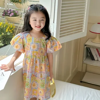 2023 Нови Ежедневни Летни мини рокли с цветен Печат за малки момичета в Корейски стил от 2, 4 и 6, на 8 години, Празнична Детски Дрехи с Къси ръкави