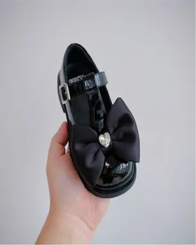 2023, нови Есенни обувки на Принцесата с хубав лък за малко момиче, Корейската модни кожени обувки за момичета, Бежово, черно, Размери 26-37