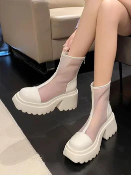 2023 Нови летни Черно-бели Дамски обувки в английски стил на дебелите обувки с дебела подметка, страхотни обувки на висок ток с куха мрежа, страхотни обувки на висок ток